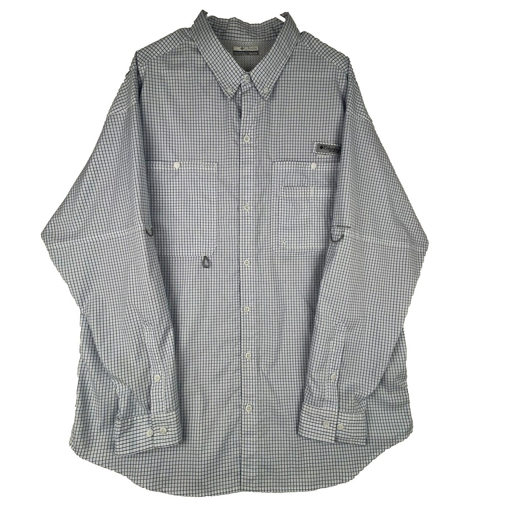 Columbia PFG Omni-Shade XXL 2TG Fishing Shirt Blue Check Vented Long Sleeve